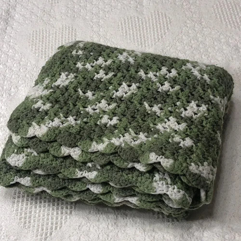 Homemade Green, Light Green, White Afghan Throw Camo 48” X 38” Scalloped Edge
